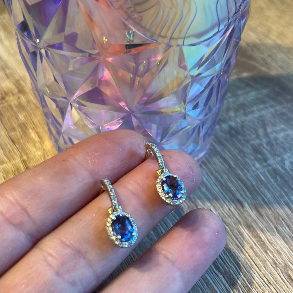 14k Gold diamond tanzanite Drop Earrings. Oval Gemstones with diamond Pavé Halos - Picture 3 of 13